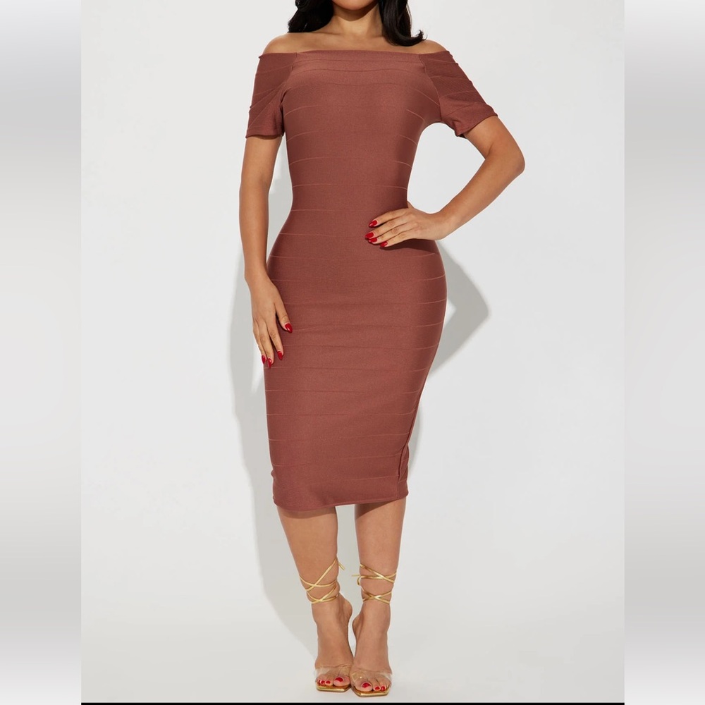 Amara Off Shoulder Midi Dress - Mocha NWOT